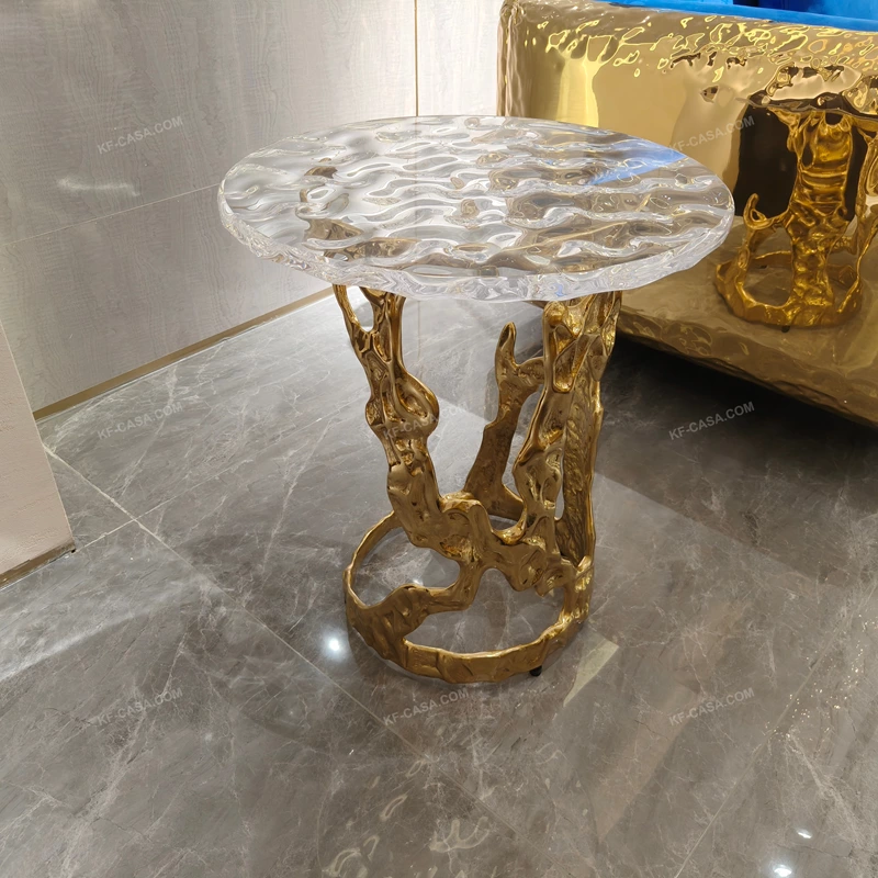 Gold Sculptural Side Table with Clear Ripple Acrylic Top and Organic Metal Base